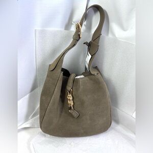 Aldo Soffietta Luxe Suede Bucket Bag. Color: Khaki Suede.